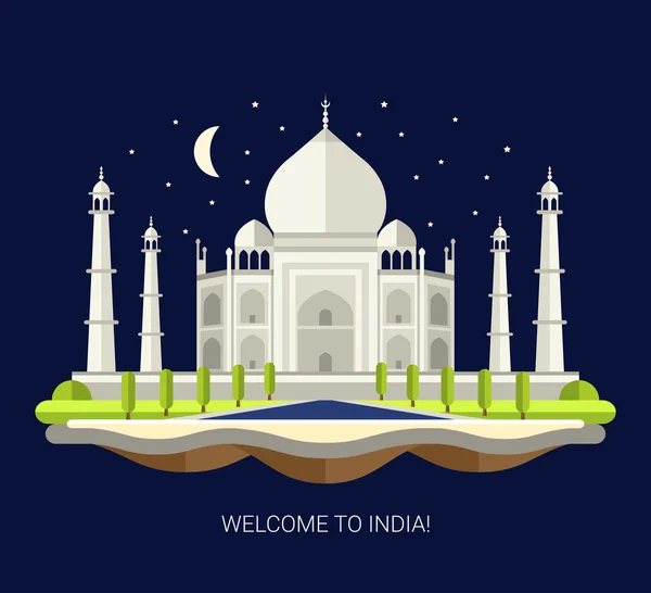 Düz tasarım illüstrasyon seyahat ile Hindistan Taj Mahal Hint kompozisyon — Stok Vektör