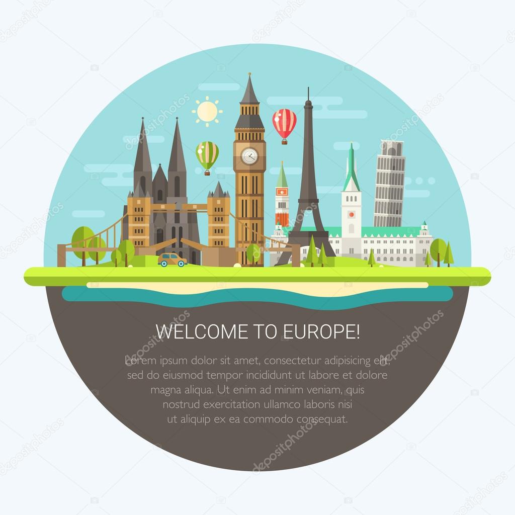 Illustration of flat design composition with famous european wor