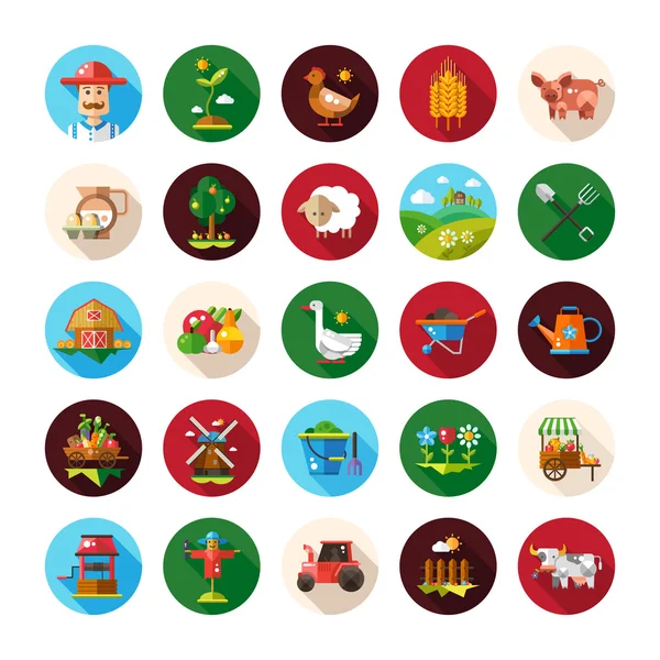 Conjunto de iconos de diseño plano de granja y agricultura — Vector de stock