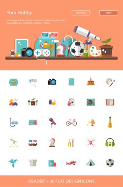 Header with modern flat design hobby icons and infographics elem clipart