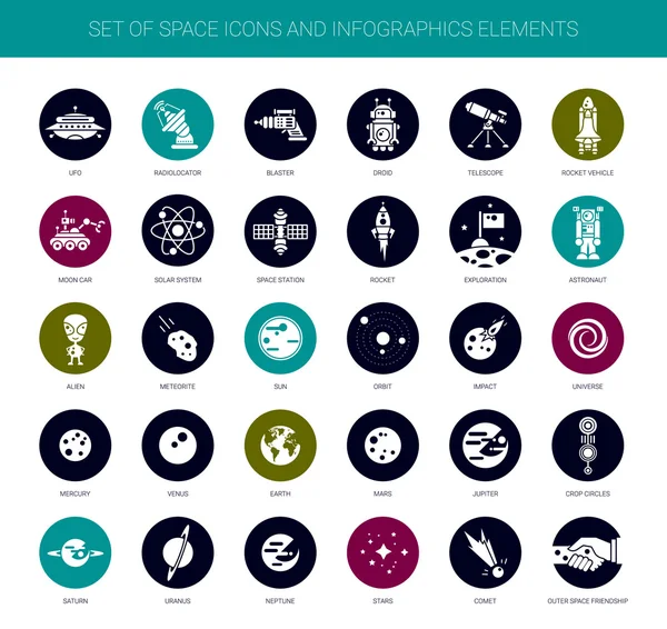 Ensemble d'icônes spatiales, pictogrammes et éléments d'infographie — Image vectorielle