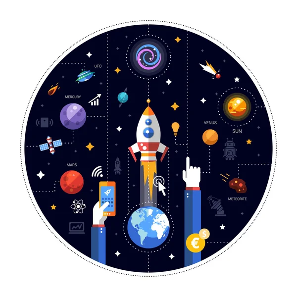 Illustration de conception plate de lancement de fusée avec Terre, icônes spatiales — Image vectorielle