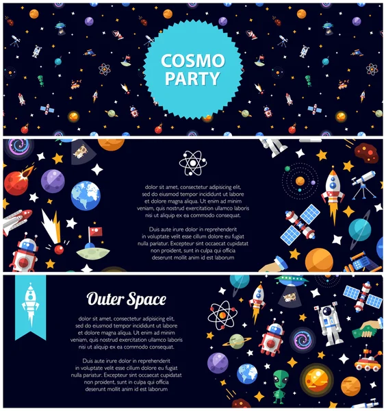 Conjunto de folhetos de design plano com ícones de espaço e elementos infográficos Vetor De Stock