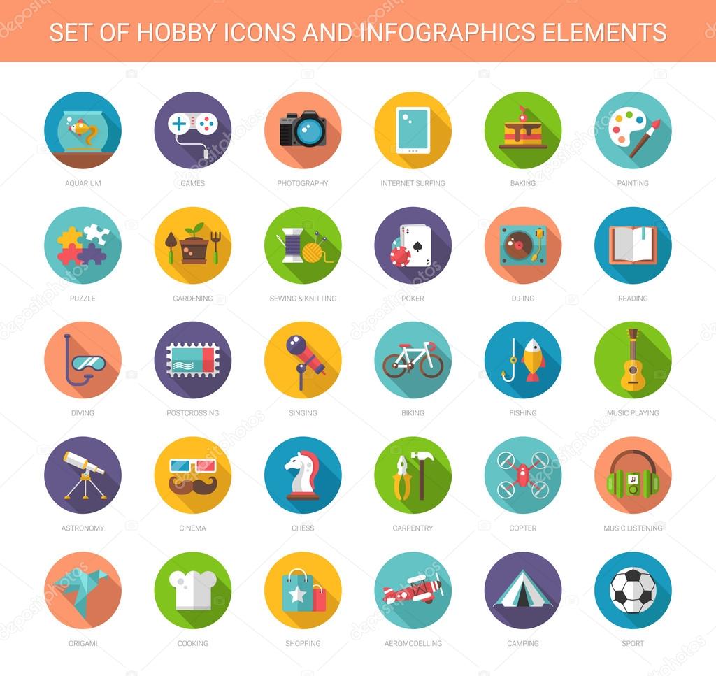 Set of modern flat design hobby icons and infographics elements