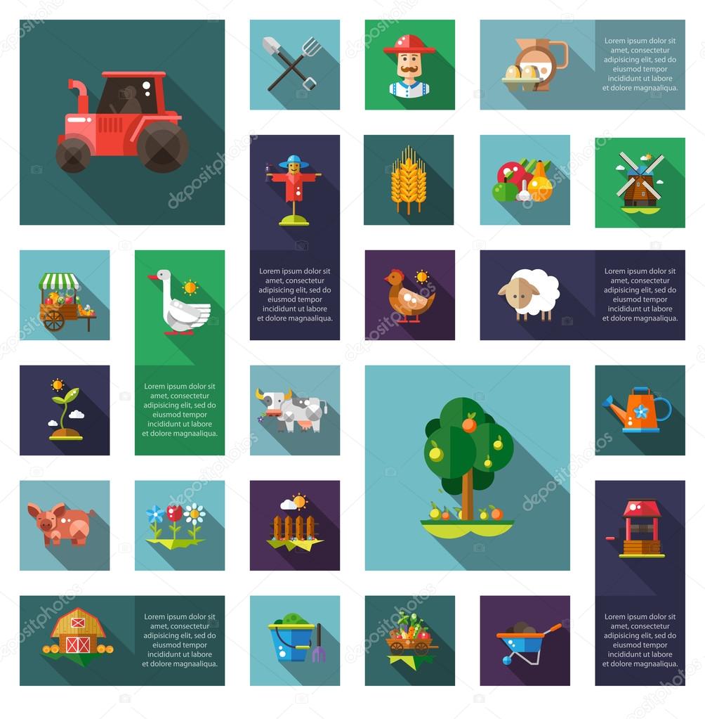 Set of modern flat design farm agriculture icons and elements