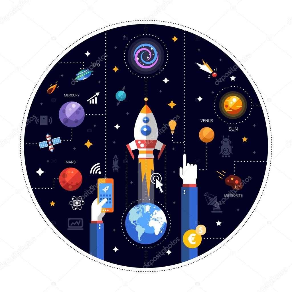 Flat design illustration of rocket launch with Earth,space icons