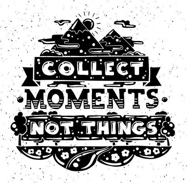 Современная плоская иллюстрация хипстеров с цитатой "Collect Moments Not Things"
