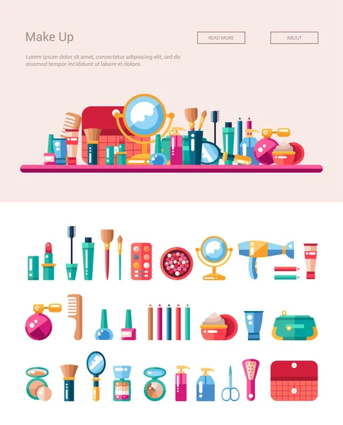 Conjunto de cosméticos de design plano, compõem ícones e elementos com ilustração de banner de cabeçalho — Vetor de Stock