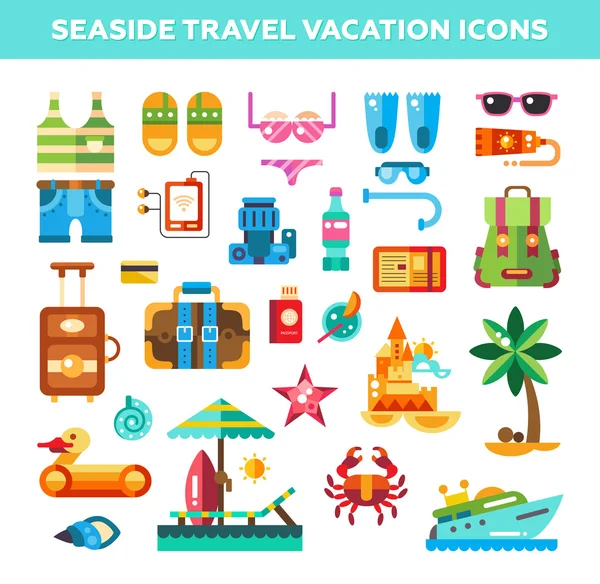 Set of flat design seaside travel vacation icons and infographics elements — Stock Vector