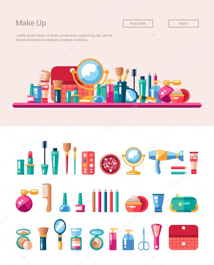 Set of flat design cosmetics, make up icons and elements with header banner illustration