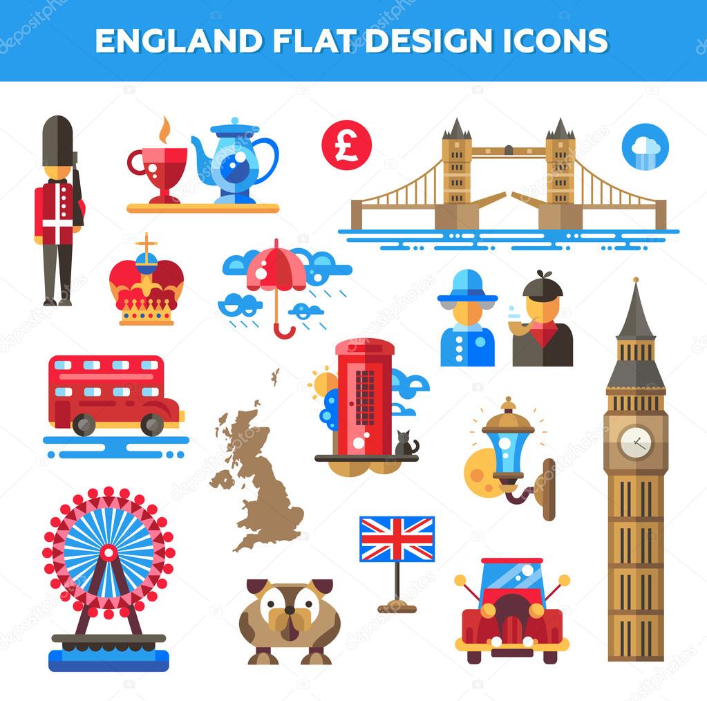 Set of flat design England travel icons, infographics elements with landmarks and famous London, United Kingdom symbols 