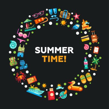 Illustration of postcard with modern flat design seaside travel vacation icons and infographics elements