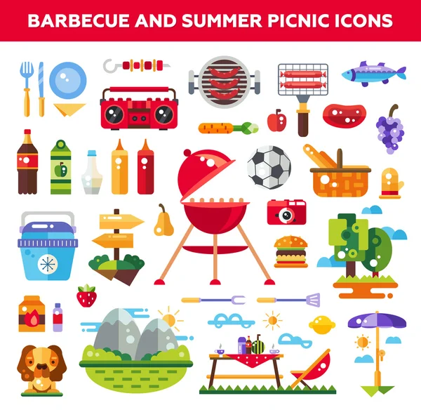 Set datar desain barbekyu dan piknik musim panas ikon, unsur-unsur infografis - Stok Vektor