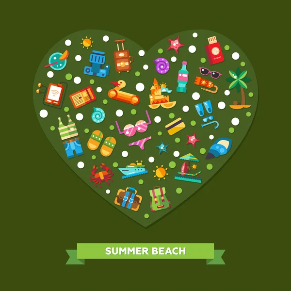 Illustration of heart composition with modern flat design seaside  travel vacation icons and infographics elements — 图库矢量图片