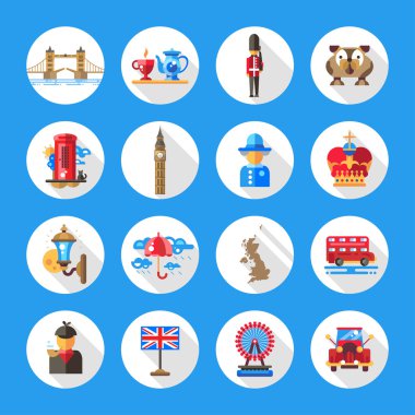 dizi düz tasarım İngiltere'ye seyahat simgeler, simge yapılar ve ünlü Londra, Birleşik Krallık sembolleri infographics öğelerle 