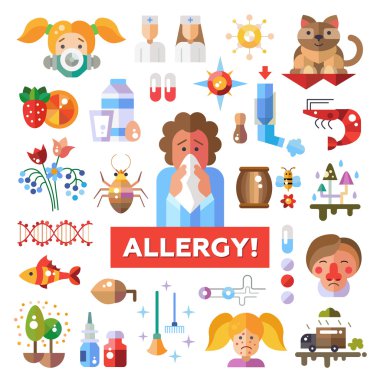 Set of flat design allergy and allergen icons, infographics elements clipart