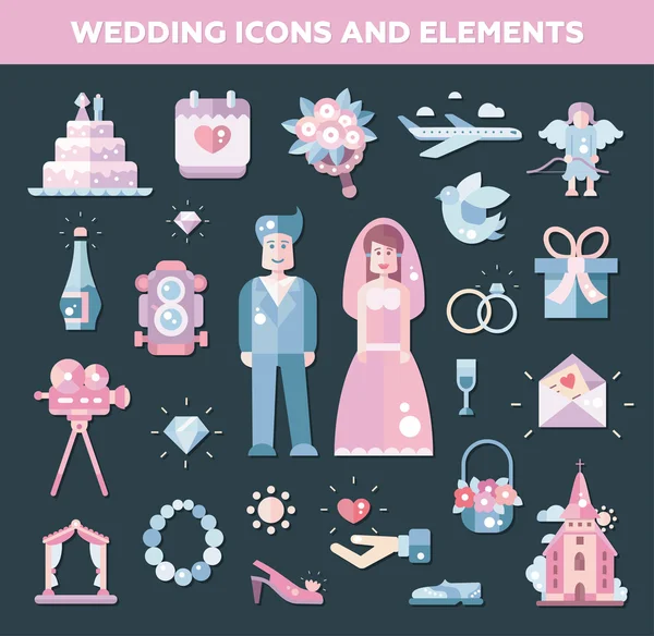 Conjunto de boda de diseño plano, iconos de matrimonio y elementos — Archivo Imágenes Vectoriales