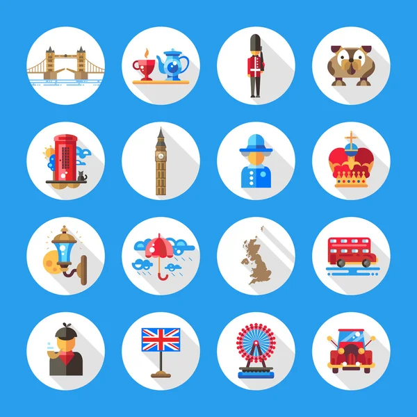 Conjunto de iconos de viaje de Inglaterra de diseño plano, elementos de infografía con puntos de referencia y famosos símbolos de Londres, Reino Unido — Vector de stock