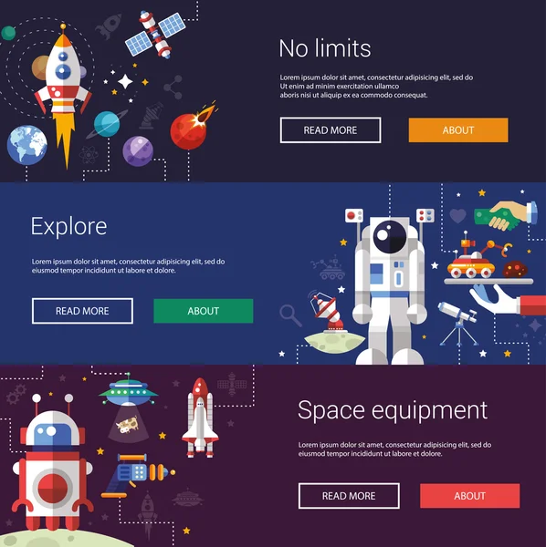 Set of flat design flyers and headers with space icons, infographics elements — Stock Vector