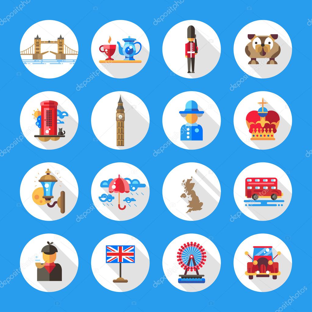 Set of flat design England travel icons, infographics elements with landmarks and famous London, United Kingdom symbols 