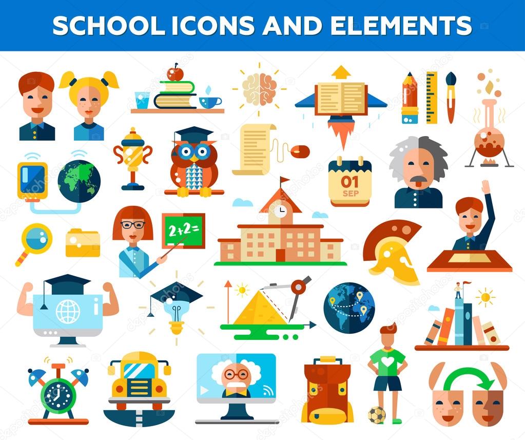 Set of school, college flat design icons and infographics elements. Back to school