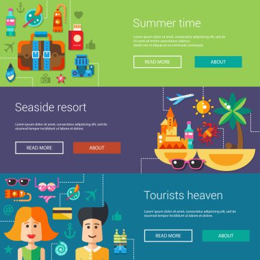 Düz tasarım el ilanları, yaz saati ve tatil simgeler, infographics öğeleri içeren başlıkları kümesi
