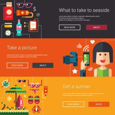 Düz tasarım el ilanları, yaz saati ve tatil simgeler, infographics öğeleri içeren başlıkları kümesi