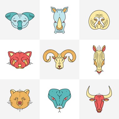 Hayvanlar doğrusal düz simgeler, Etiketler, Resimler tasarımınız için kümesi. Koala, Gergedan, baykuş, red panda, büyük boynuz, zebra, ayı, yılan, boğa