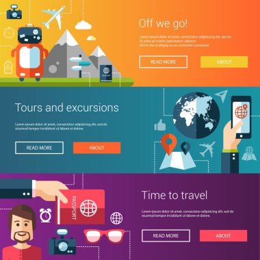 Düz tasarım el ilanları ve seyahat, turizm, eğlence simgeler, infographics öğeleri içeren başlıkları kümesi