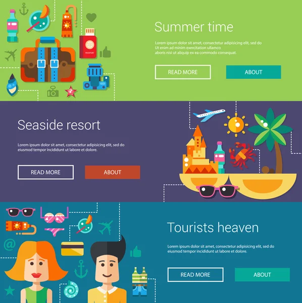 Düz tasarım el ilanları, yaz saati ve tatil simgeler, infographics öğeleri içeren başlıkları kümesi