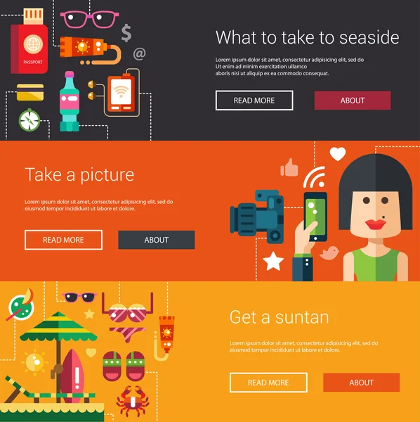 Düz tasarım el ilanları, yaz saati ve tatil simgeler, infographics öğeleri içeren başlıkları kümesi