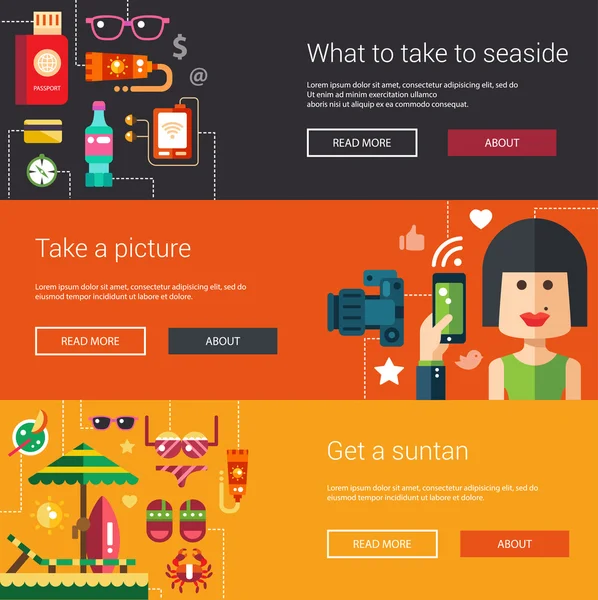 Uppsättning platt design flygblad, headers med sommaren och semester ikoner, infographics element — Stock vektor