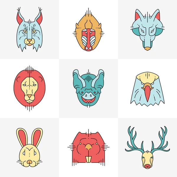 Набор животных линейных плоских иконок, ярлыков, иллюстраций к вашему дизайну. Рысь, обезьяна, волк, лев, летучая мышь, орёл, кролик, бобер, олень — стоковый вектор