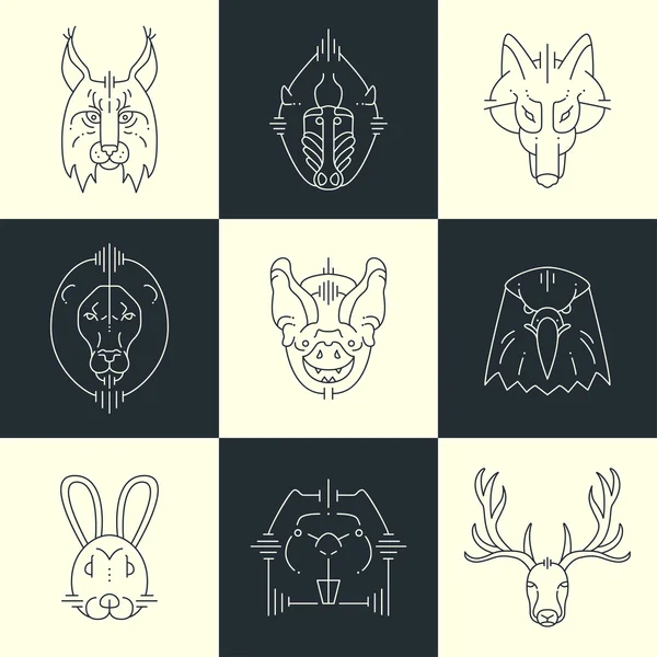 Conjunto de animais ícones planos lineares, rótulos, ilustrações para o seu design. Lynx, macaco, lobo, leão, morcego, águia, coelho, castor, veado — Vetor de Stock