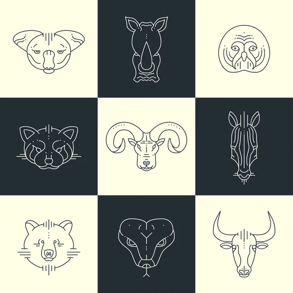 Conjunto de animales lineales iconos planos, etiquetas, ilustraciones para su diseño. Koala, rinoceronte, búho, panda roja, cuerno grande, cebra, oso, serpiente, toro — Archivo Imágenes Vectoriales