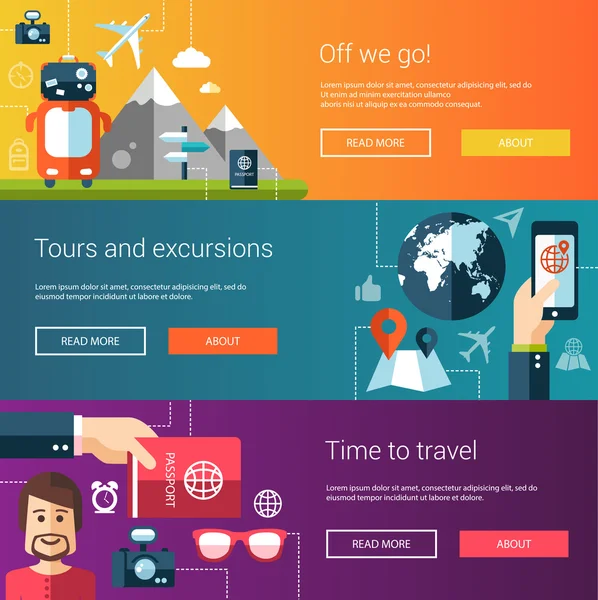 Düz tasarım el ilanları ve seyahat, turizm, eğlence simgeler, infographics öğeleri içeren başlıkları kümesi