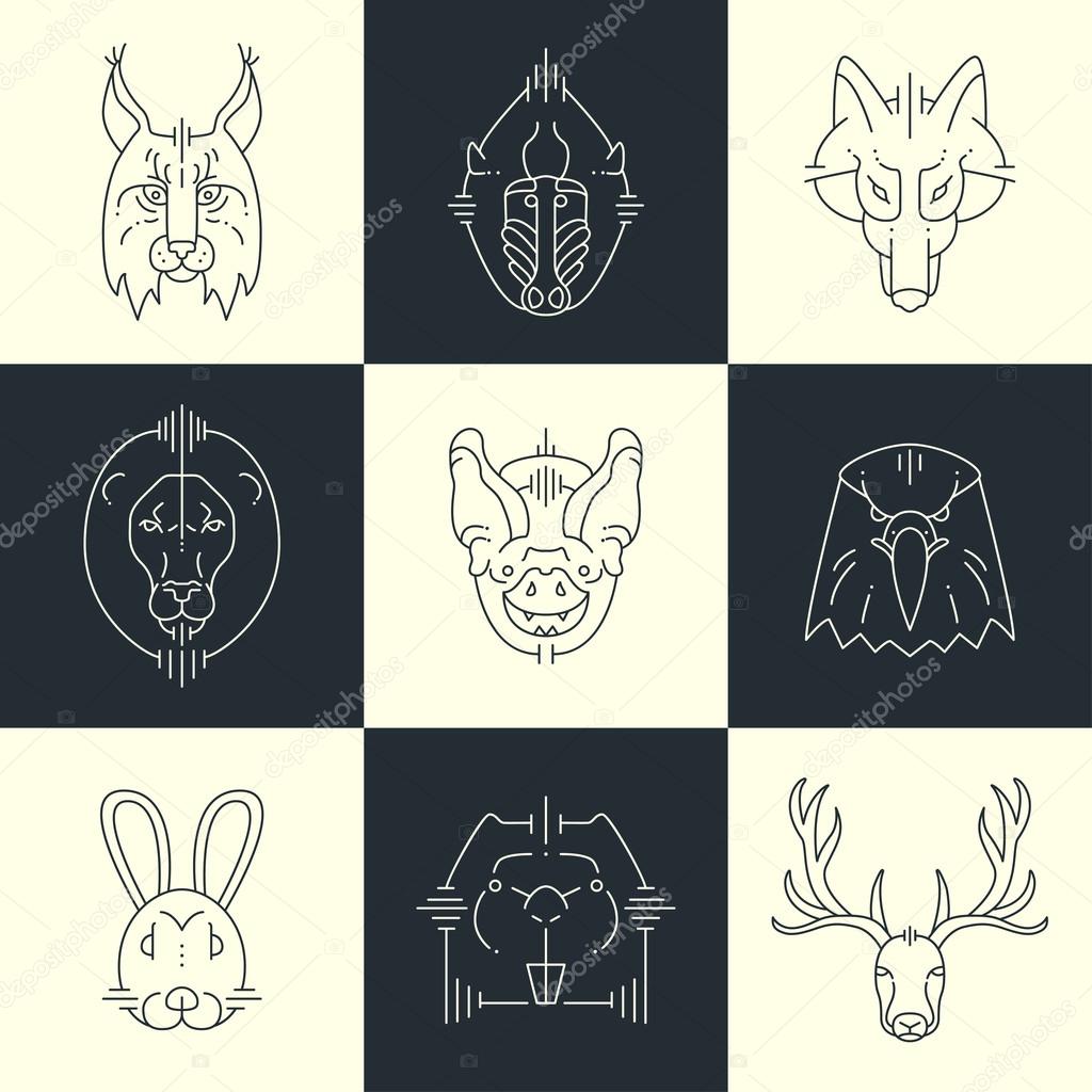 Set of animals linear flat icons, labels, illustrations for your design. Lynx, monkey, wolf, lion, bat, eagle, rabbit, beaver, deer