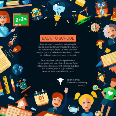 Flyer tempalte of school, college flat design icons and infographics elements. Back to school. Poscard