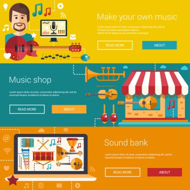 Set of music flat modern illustrations, banners, headers with icons and characters. Flyers for your design