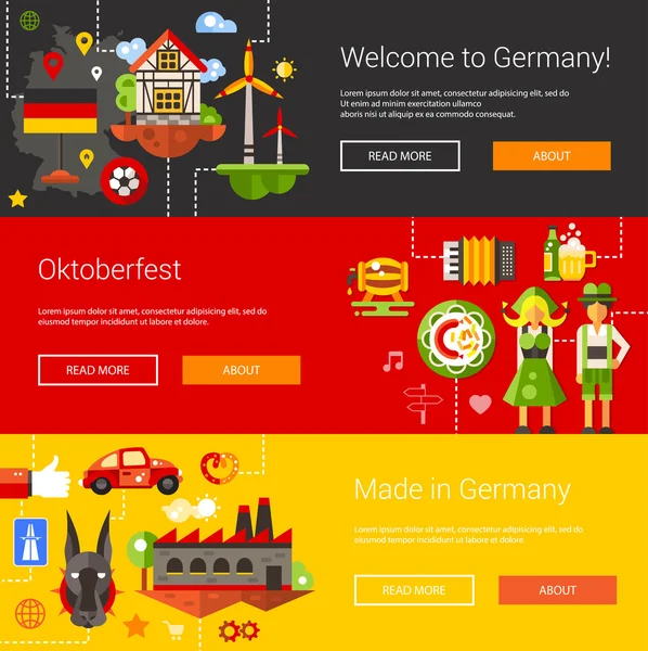 Set aus flachen Design-Flyern, Kopfzeilen mit Deutschlandreisen, Tourismus-Ikonen und Infografik-Elementen — Stockvektor