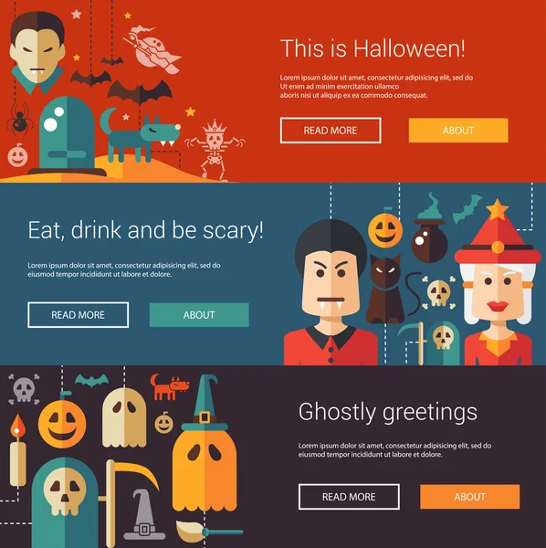 Conjunto de ilustraciones modernas de diseño plano de Halloween, banners, encabezados con iconos y personajes. Volantes para la fiesta — Vector de stock