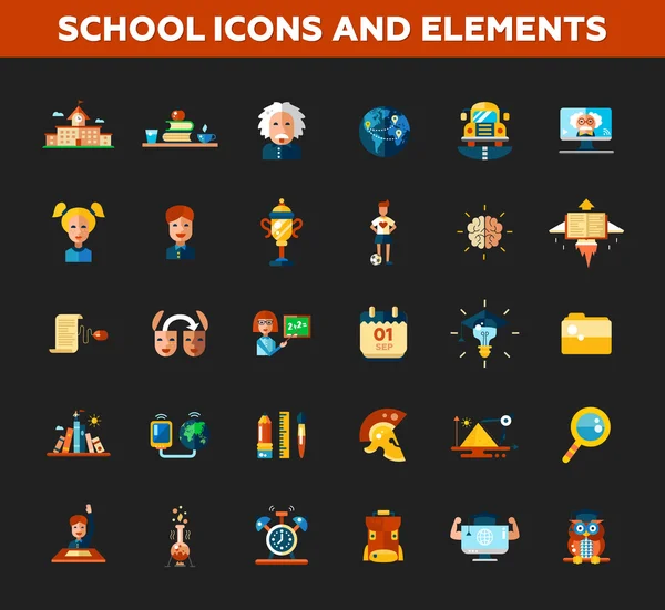 Sada škola, škola plochý design ikon a infografiky prvky. Zpátky do školy — Stockový vektor