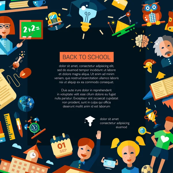 Flyer tempalte of school, college flat design icons and infographics elements. Back to school. Poscard — Stok Vektör