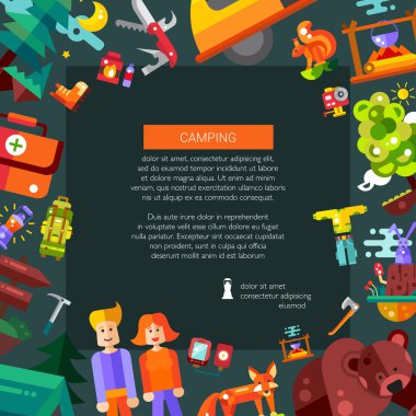 Modern flat design flyer template illustration of camping and hiking info travel graphic elements, icons