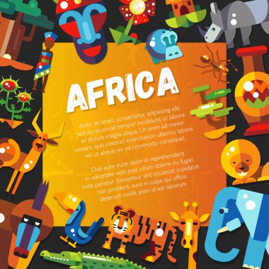 Postcard of flat design african icons and infographics elements with animals