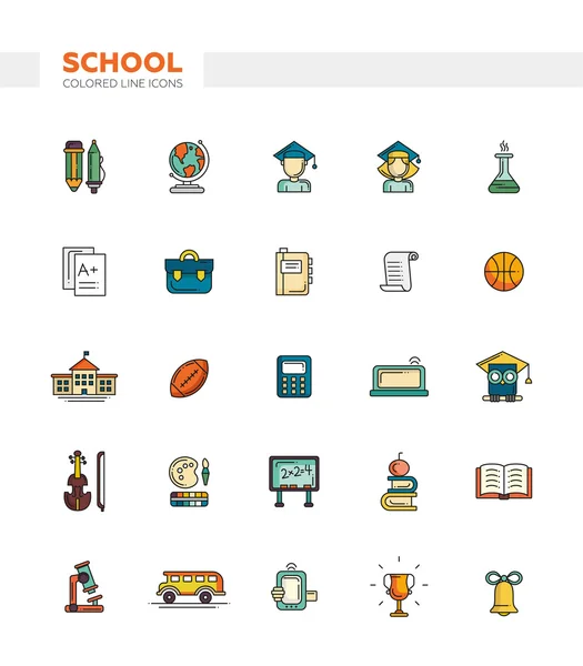 Conjunto de escola, linha de faculdade ícones de design plano e elementos infográficos. De volta à escola — Vetor de Stock