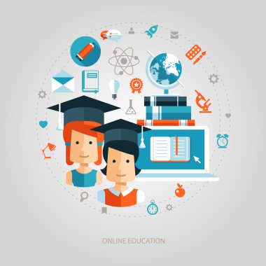 Düz tasarım Eğitim kompozisyon simgeler, öğrenciler ve infographics elemanları ile gösteren resim