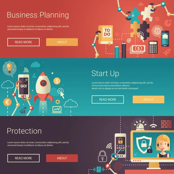 Modern düz tasarım iş afiş, simgeler ve infographics öğeleri içeren başlıkları kümesi. Planlama, korumasını başlatma