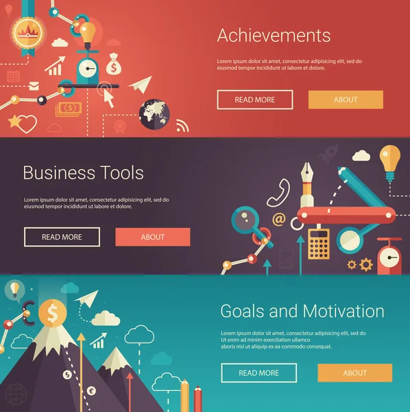 Satz moderner Business-Banner im flachen Design, Kopfzeilen mit Symbolen und Elementen der Infografik. Erfolge, Werkzeuge, Ziele, Motivation — Stockvektor