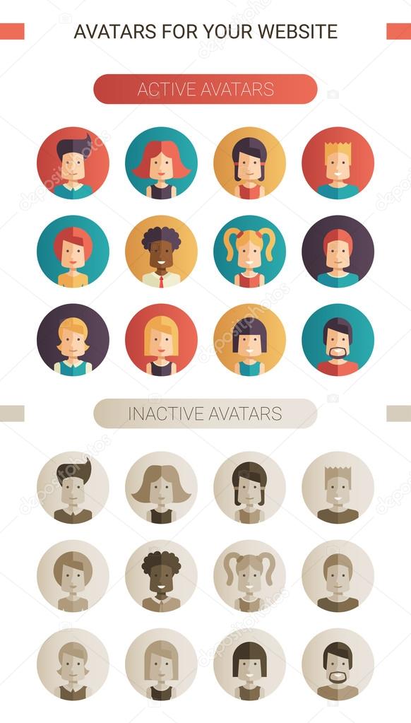 Set of isolated flat design people icon avatars for social network and your design. Active, inactive versions